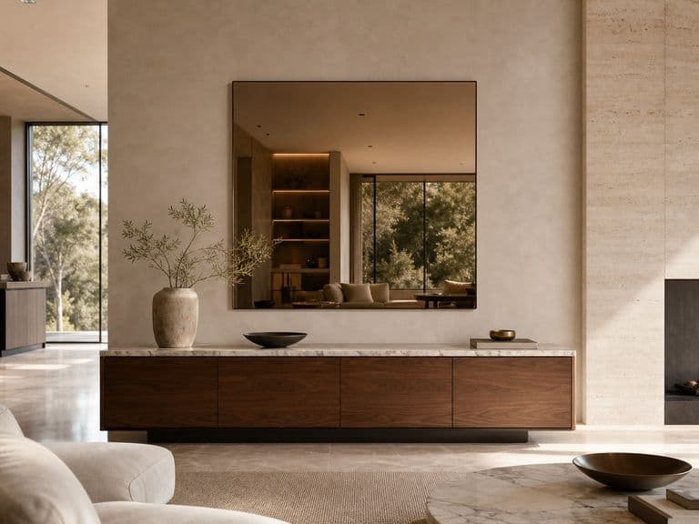 Oglindă decorativă cu finisaj bronz, deasupra unui bufet de lemn într-un living