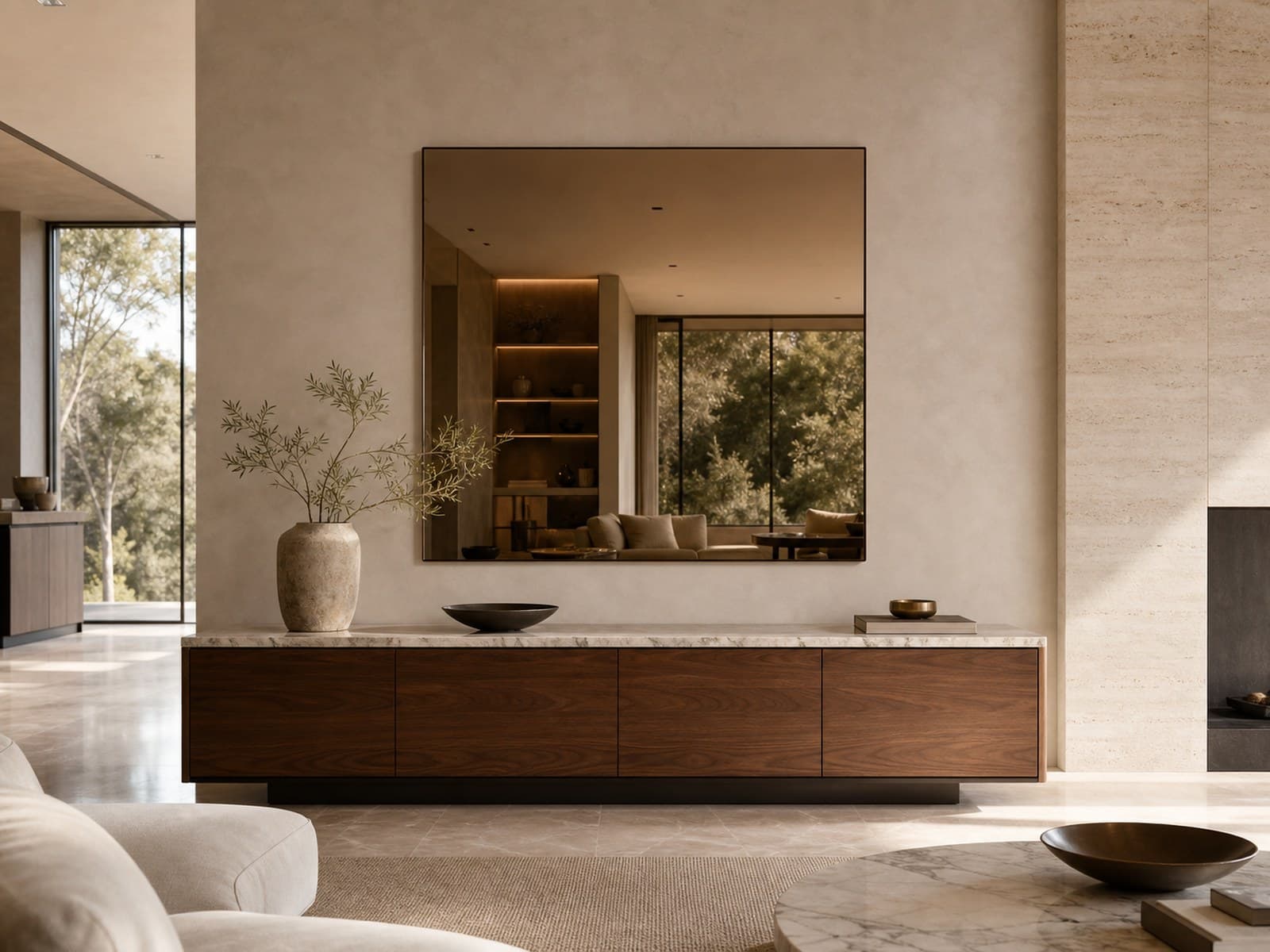 Oglindă decorativă cu finisaj bronz, deasupra unui bufet de lemn într-un living